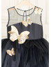 Black Asymmetrical Tulle Gold Butterflies Flower Girl Dress